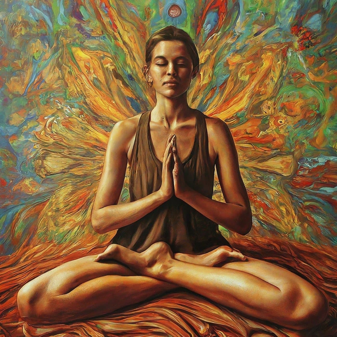 Painted illustration of a woman seated in meditation surrounded by flowing colour