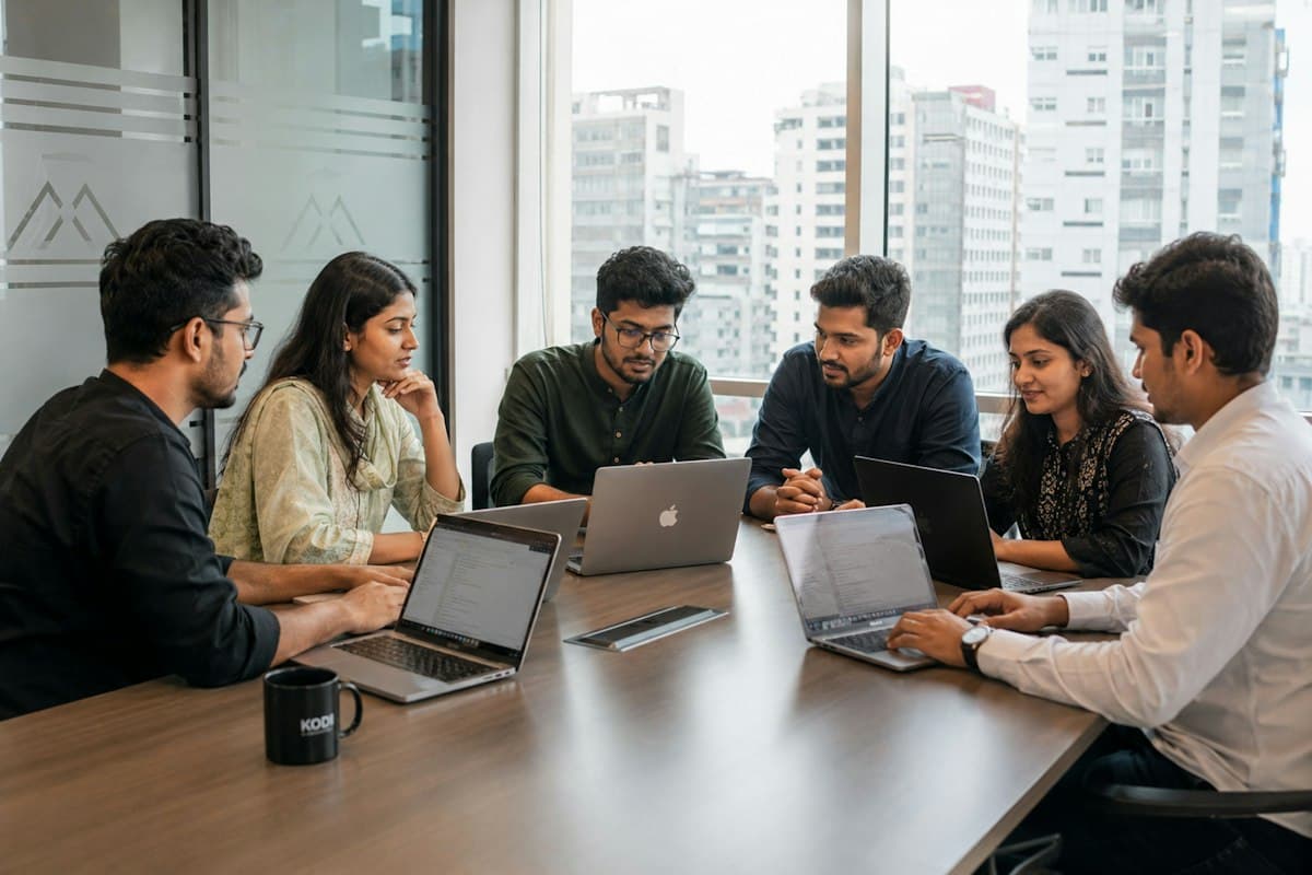 Researchers collaborating around a table with laptops